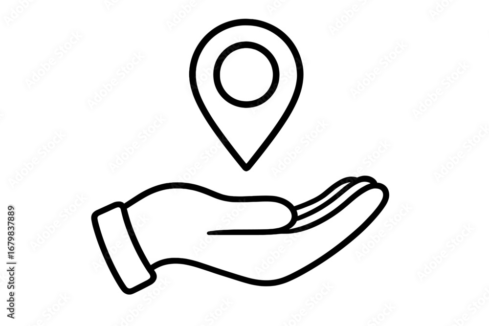 Poster location pin in hand line art. abstract navigation icon. pointing location concept. gps marker with 