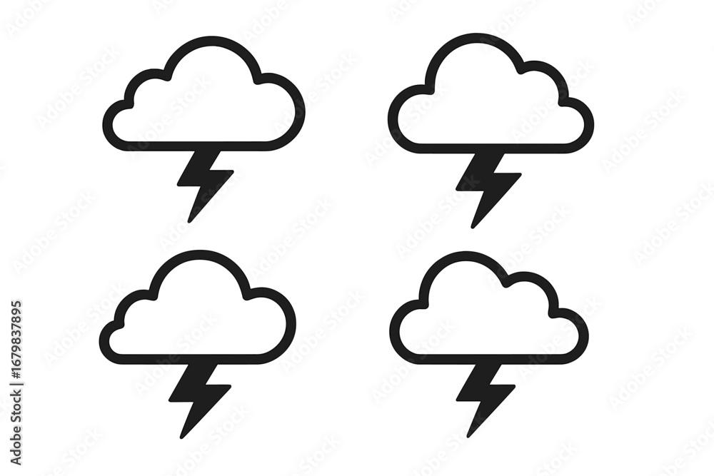 Poster lightning under cloud vector icon set. simple linear storm and thunderstorm symbol for weather forec