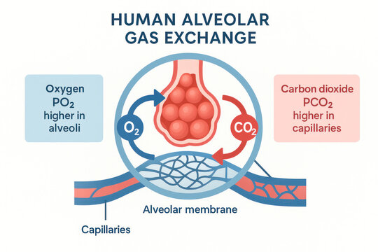 Human Alveolar Gas Exchange Illustration: Oxygen and Carbon Dioxide Diffusion in Lungs [Illustration]