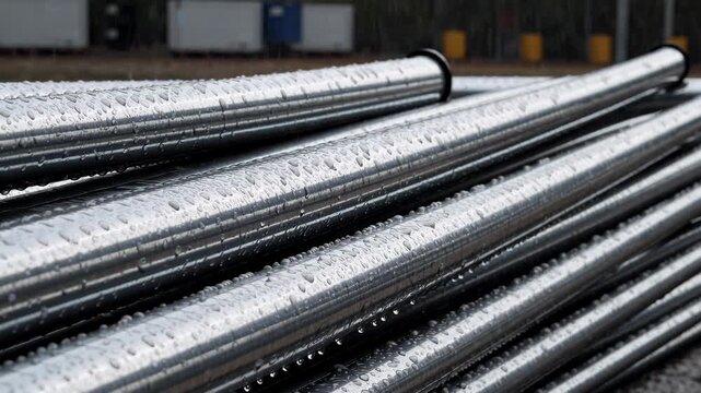 Water pipe with shiny metal, industrial construction, steel pipe