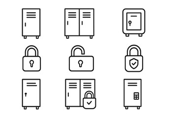 Secure locker and padlock outline icon set. Linear security, safe box, privacy, lock, open and closed lockers, editable stroke. Vector illustration for web, apps, business, technology, infographics.