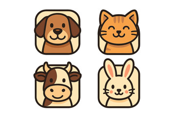 Cute animal icon set with dog, cat, cow, and rabbit characters. Vector cartoon illustration for pet shop logo, farm animal avatar, or mobile app button. Simple flat design.