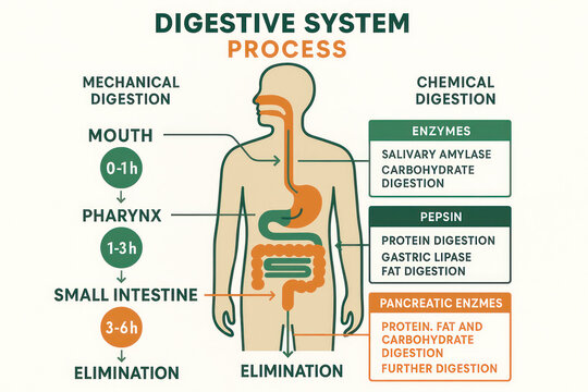 Human Digestive System Process Illustration showing the path of food and enzymes.
