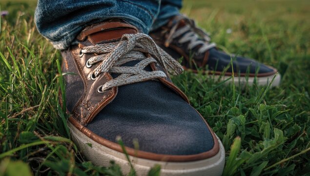 Close-up of casual shoes on grass