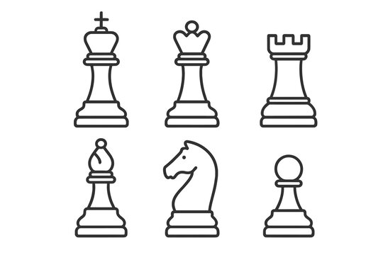Chess figure outline icon set. King, queen, bishop, knight, rook, pawn. Concept of strategy, game, business, leadership, competition. Vector linear pictogram collection.