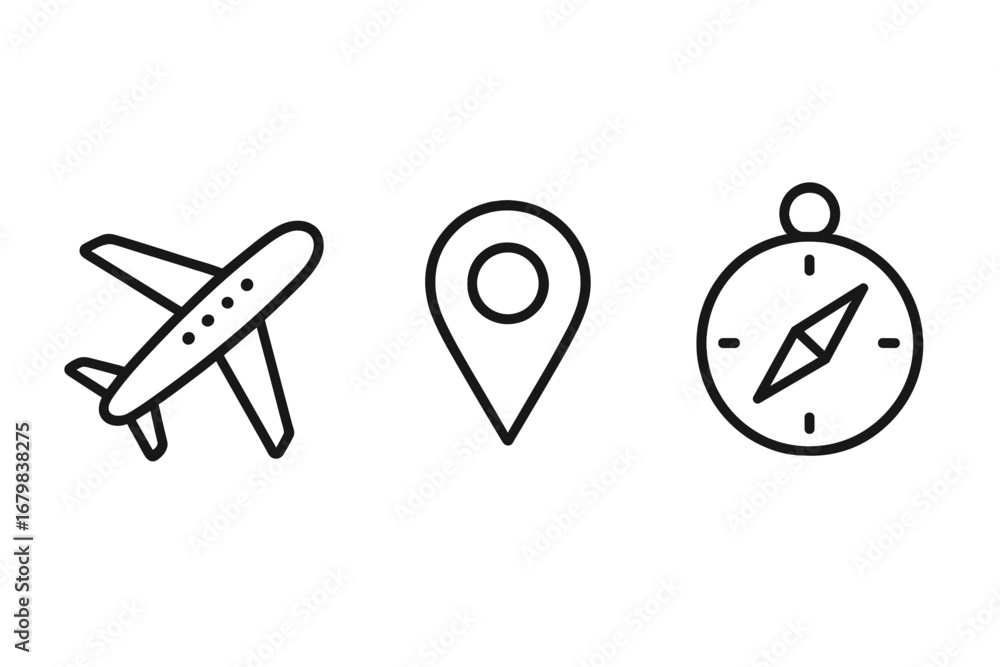 Poster airplane map pin compass vector icon set. travel navigation outline symbols for web design apps adve
