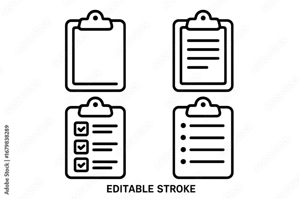 Poster clipboard icon set with editable stroke. vector outline symbols for checklist, to-do list, task mana