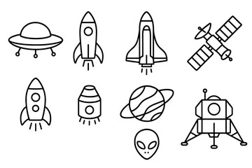 Space icon collection. Outline vector sign set. Rocket, ufo, alien, planet, satellite, shuttle. Cosmos, galaxy, astronomy science. Futuristic exploration concept illustration.