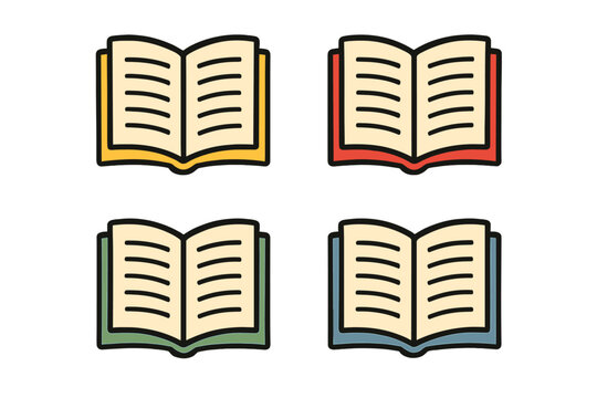 Open book icons bundle. Minimalist linear vector set. Colorful cartoon open book pictograms for web, app, banner, template, social media, library, reading, education or publishing design.