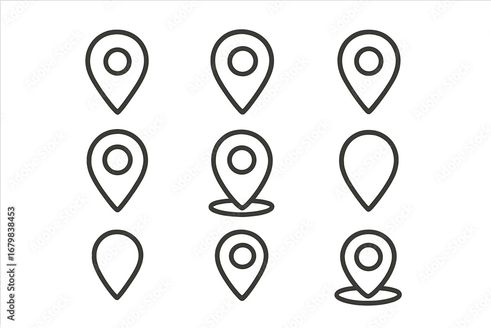 Poster map pin line icon set. location marker, pointer, and geotag symbols. simple outline pictogram collec