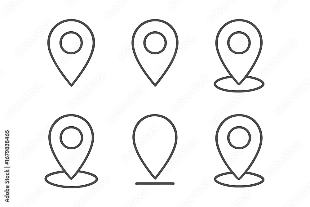 Poster map pin location marker line icon set. gps navigation pointer symbol collection. minimalistic outlin
