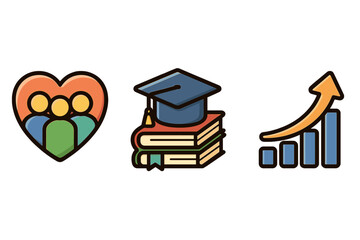 Set of icons representing community support, education, and progress. Vector symbols for collaboration, learning, and growth. Charity, teamwork, knowledge, and success concepts.