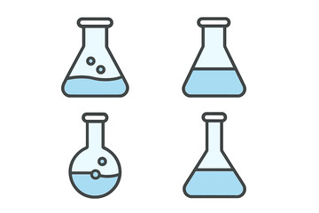 Minimalist Laboratory Glassware Vector Icons Set. Blue Filled Linear Science Flasks Collection for Web UI, App, Banner, STEM Education, Chemistry, Experiment, Medical, Laboratory, Research Design