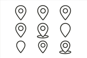 Map pin line icon set. Location marker, pointer, and geotag symbols. Simple outline pictogram collection for navigation, destination, GPS, and route concepts. Vector for UI, UX.