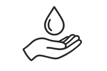 Hand holding a drop. Water, oil, or liquid icon. Vector line art for logo design. Concepts of care, conservation, environment, charity, donation, purity, and sustainability.