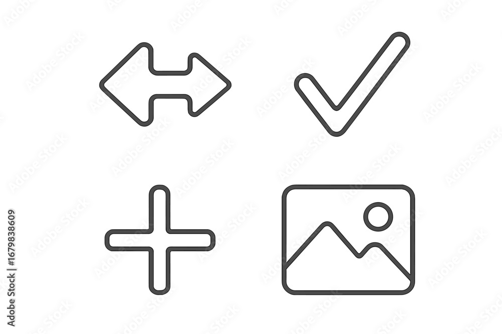 Poster simple line icon set with arrow, checkmark, plus sign, and picture symbol. editable stroke vector gr