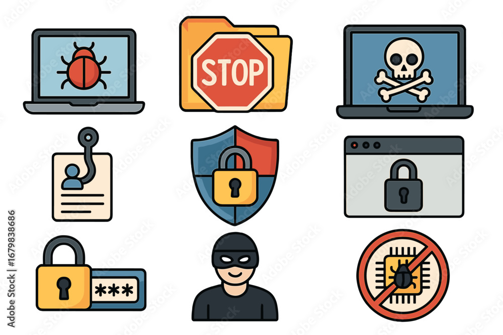 Poster cybersecurity icon set for data protection and internet safety. vector symbols for virus, hacker att