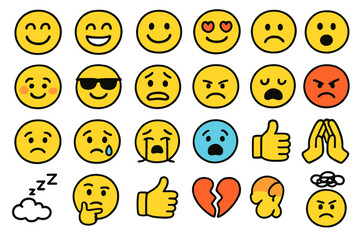 Hand drawn emoji and emoticon collection. Vector cartoon illustration icon set with various face expressions: happy, sad, angry, love, cry. Isolated on transparent background.