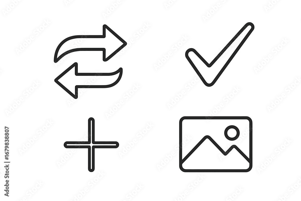 Poster modern thin line icon set with editable stroke. arrows for transfer, refresh, sync. checkmark for ap