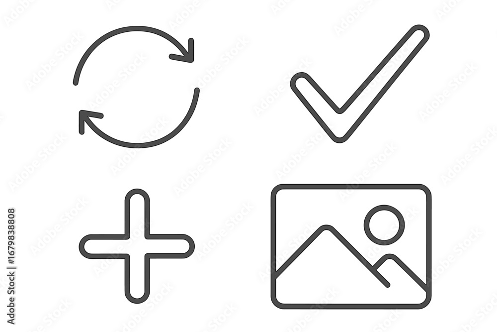 Poster modern universal line icon set. refresh, checkmark, plus, and image symbols. thin line vector pictog
