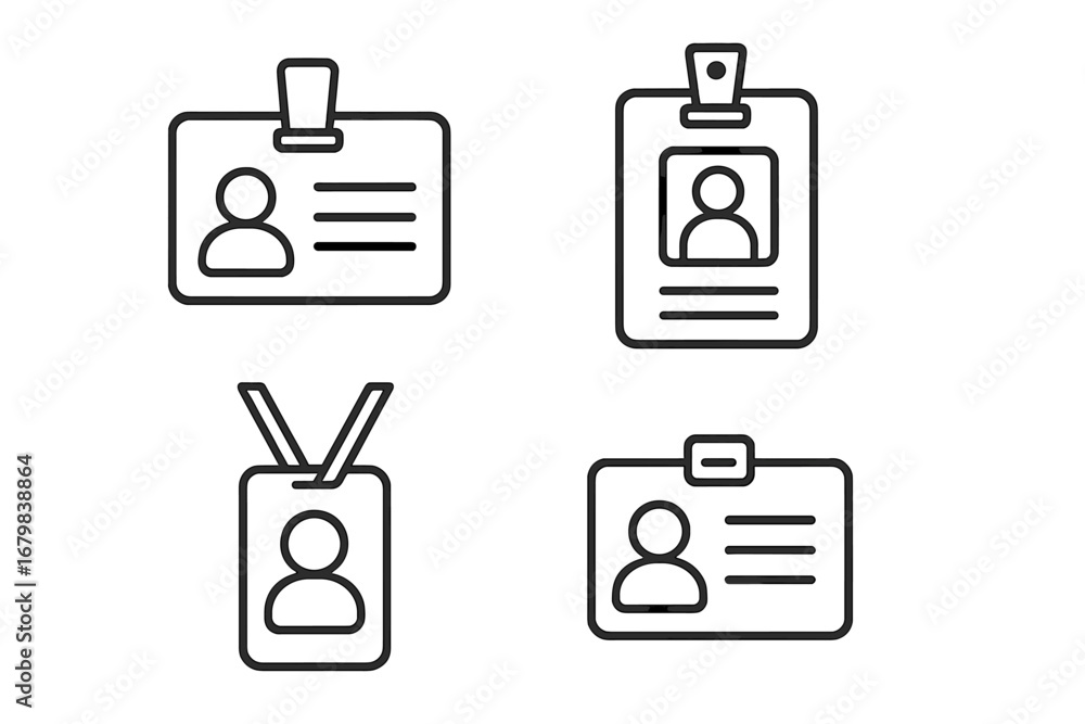 Poster employee id badge line icon set. vector collection of identification card and name tag symbols for c