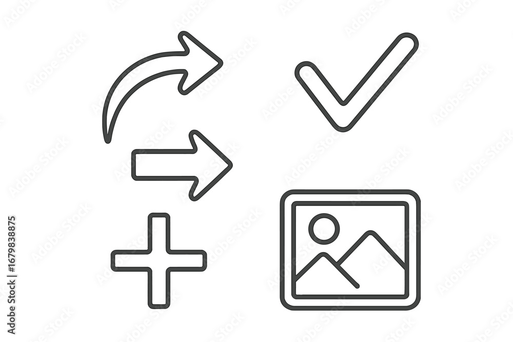 Poster set of essential web line icons. contains arrow, checkmark, plus, and image symbols. vector collecti
