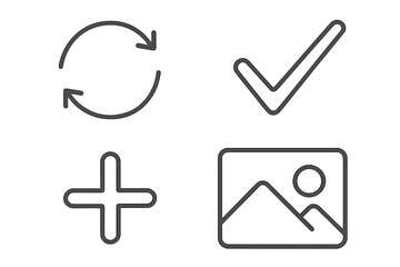 Obraz premium Modern universal line icon set. Refresh, checkmark, plus, and image symbols. Thin line vector pictograms for UI and UX design, web, and mobile app. Editable stroke outline.