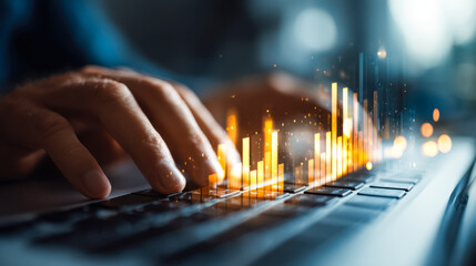 Person analyzing data on a laptop with digital financial growth visualization
