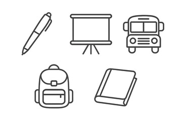 Back to school linear icons set. Education and study symbols. Pen, book, school bus, backpack, presentation board. Editable stroke pictogram collection for web design.