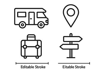 Motorhome travel icon set with map pin, baggage, and direction pointer. Vector line art for road trip, vacation, camping, and navigation concepts. Editable stroke illustration.