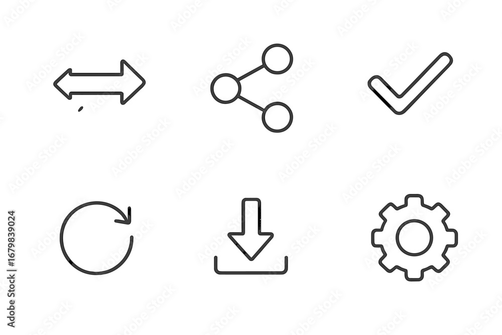 Poster web ui icon set with essential thin line vector symbols for interface design. includes share, downlo