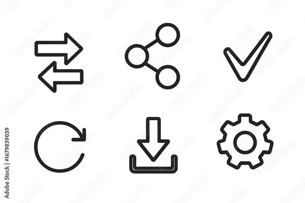 Poster set of essential ui line icons. share, download, settings, refresh, check mark and transfer symbols 