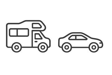 Fototapeta premium Motorhome and car icons. RV, camper van, automobile outline symbols for transport & travel. Road trip vehicle vector illustration set for web, app, graphic design elements.