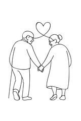 Elderly Couple Holding Hands – Line Art Illustration