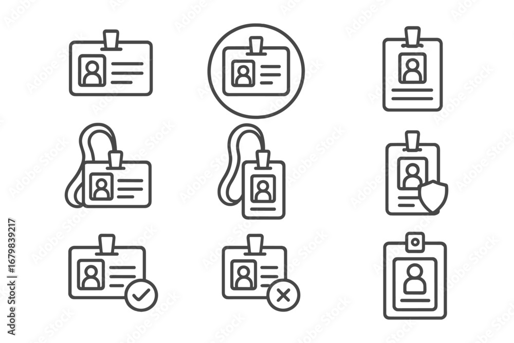 Poster employee id badge and staff identification card line icon set. concepts of security access, personal
