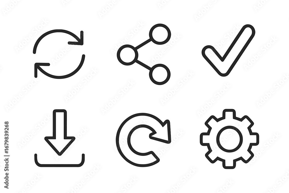 Poster web and mobile app ui ux line icon set. vector symbols for interface design. includes share, downloa