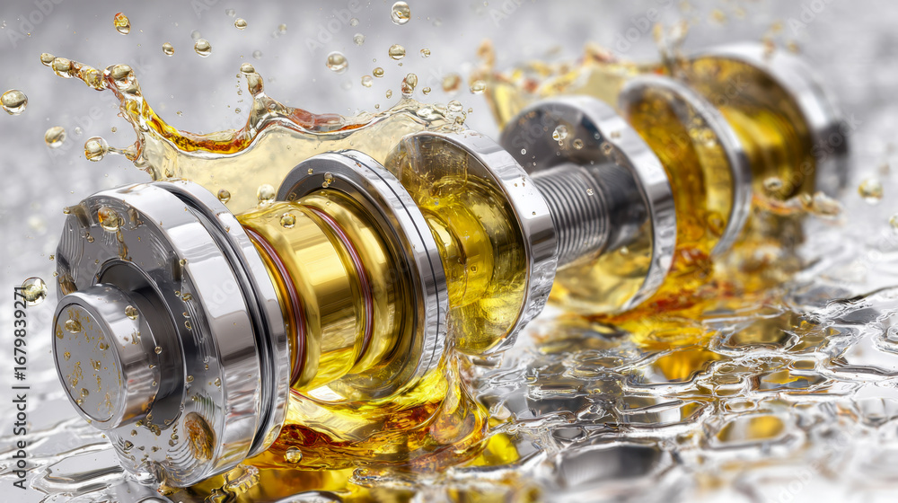 Poster close up of a metallic camshaft part covered in golden oil splashes with reflective water surface cr