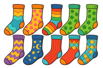 Vector cartoon collection of colorful socks with various patterns. Funky apparel and textile design set. Hosiery fashion illustration with polka dot, stripe, and argyle designs.