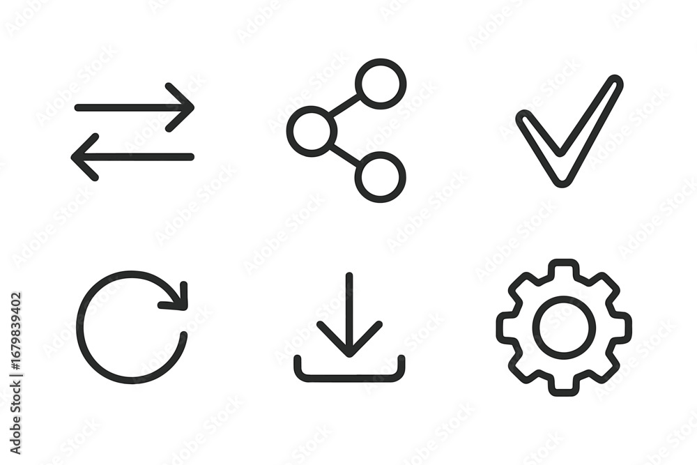 Poster set of essential web interface line icons. collection includes share, download, settings, refresh, c