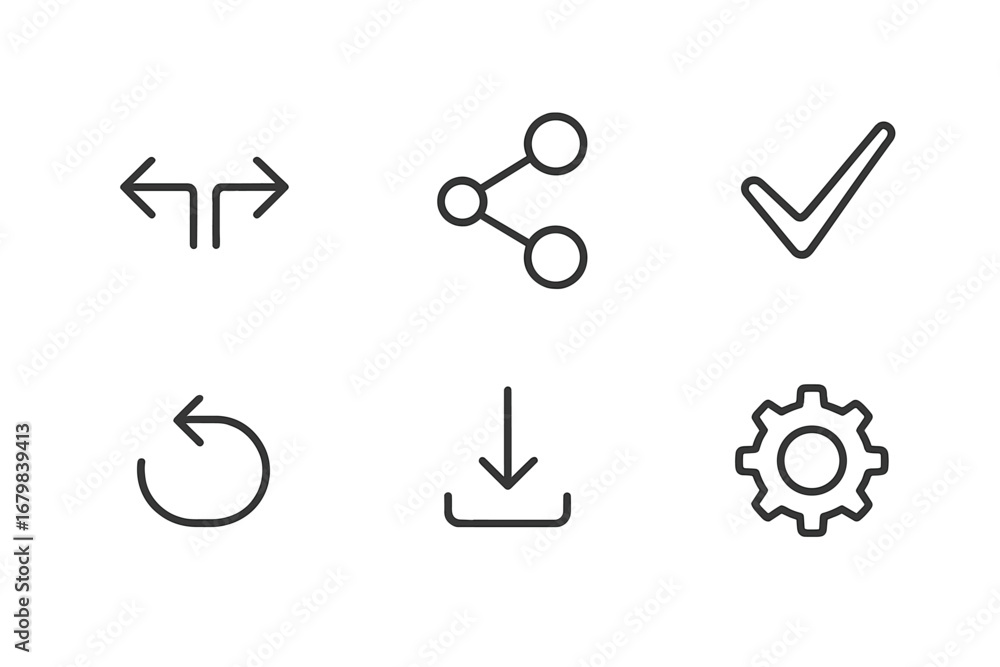 Poster universal web line icons set. ui ux elements. share, download, settings gear, check mark, refresh an