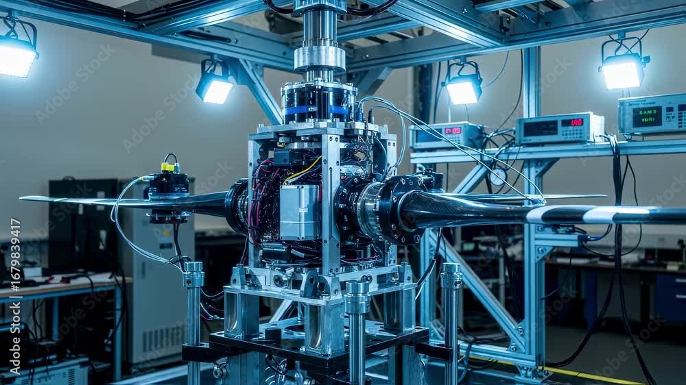 Poster electric vtol rotorhub fixed in a staticload test rig captured under bright laboratory lights to ill