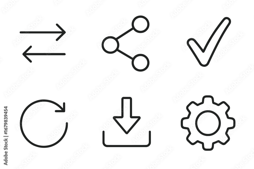 Poster web navigation icon set. simple thin line pictogram collection with essential ui symbols like share,