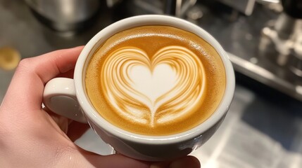 Hand holding latte art heart design coffee cup, barista, cafe background