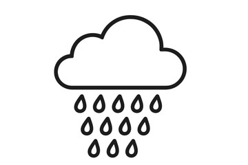 Minimalist rain cloud outline vector illustration. Weather icon with bold lines and water drops. Monochrome symbol for forecast, climate, web design, apps, advertising, print, seasonal graphics