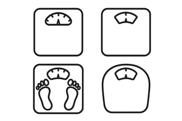 Floor scale and weight measurement line icon set. Concepts for diet, health, fitness, weight loss, body mass, obesity. Outline vector pictograms for graphic and web design, apps.
