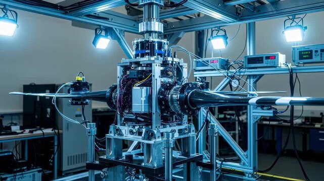 Electric VTOL rotorhub fixed in a staticload test rig captured under bright laboratory lights to illustrate advanced aerospace testing processes.