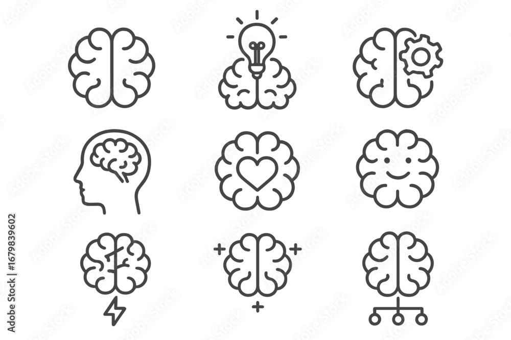 Poster brain icon set. thin line vector symbols of thinking, creativity, and mental health. mind process, i