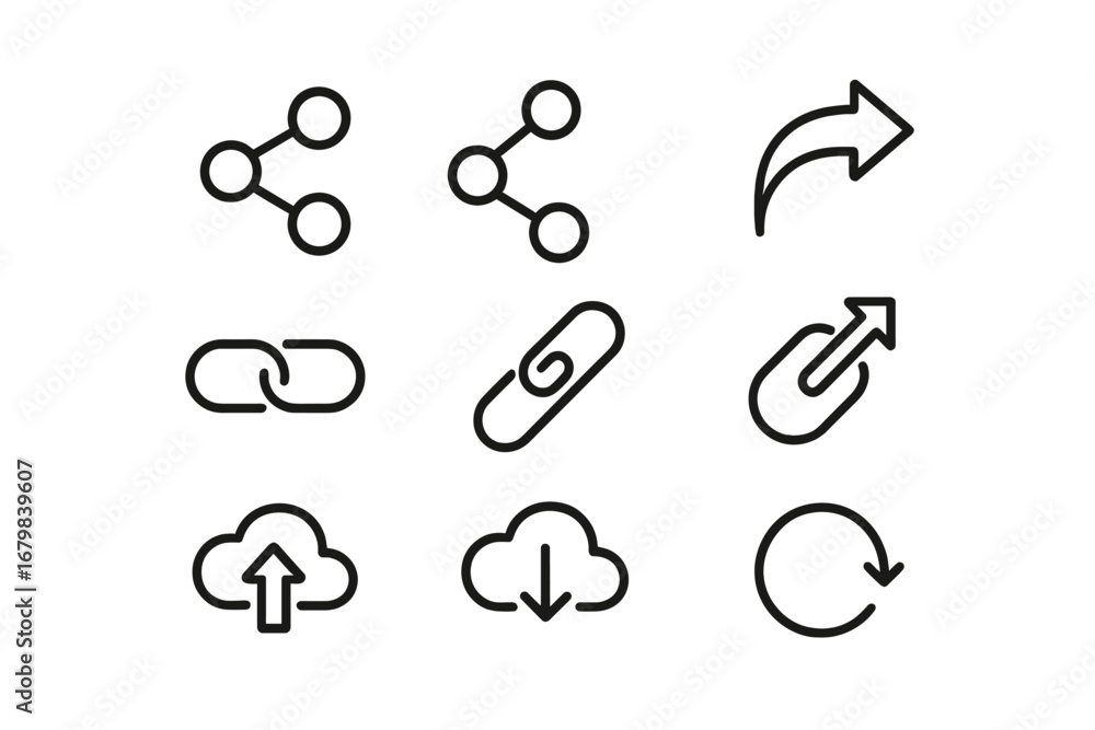 Poster share and link line icon set. vector outline pictograms for web design, apps, and ui/ux. includes hy