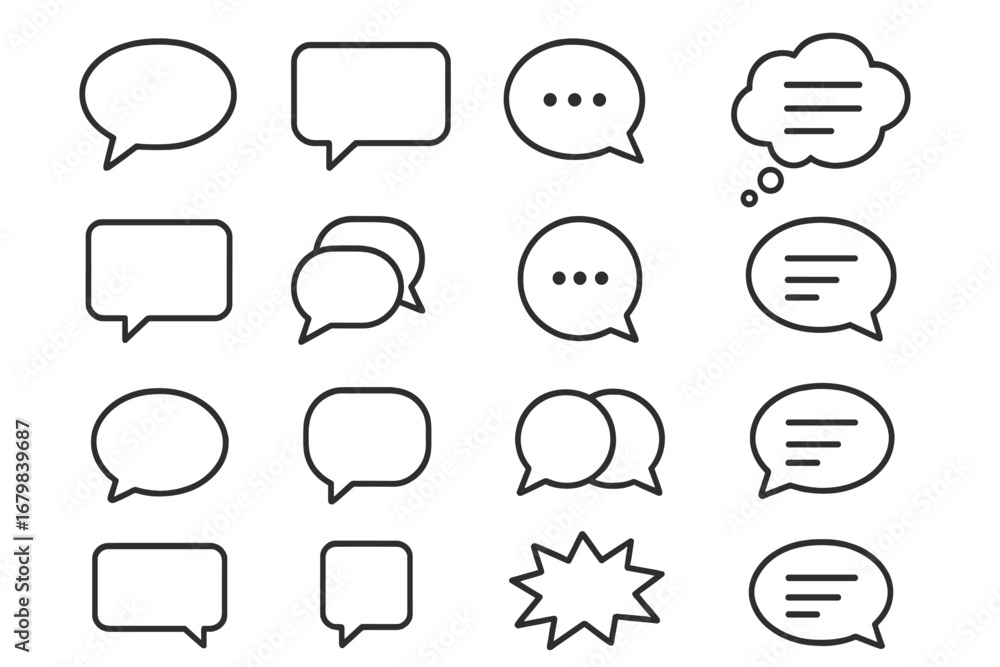 Aufkleber speech bubble and thought bubble line icon set. vector outline illustration for chat, message, comme