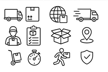 Delivery logistics vector icons set. Shipping, parcel, cargo, courier, truck outline symbols for app, graphic, web design. Fast delivery, transport, packaging, tracking sign collection commercial use.